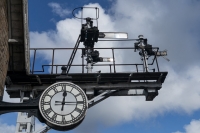 Norh York Moors Railway signals and clock at Grosmont