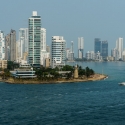 Hi-rise buildings of El Laguito district in the foreground and cityscape seen from seaward. Cartagena, Colombia